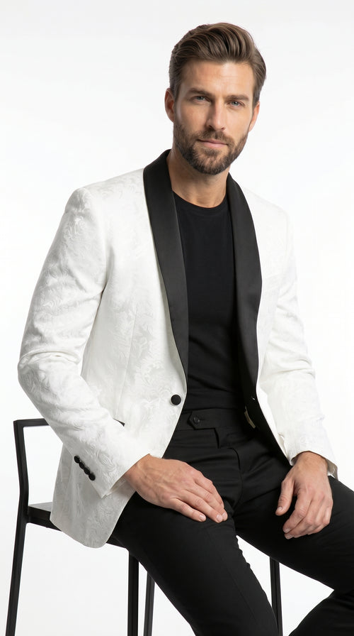 Men’s White Two Tone Paisley Blazer with Black Shawl Lapel, Formal Dinner Jacket