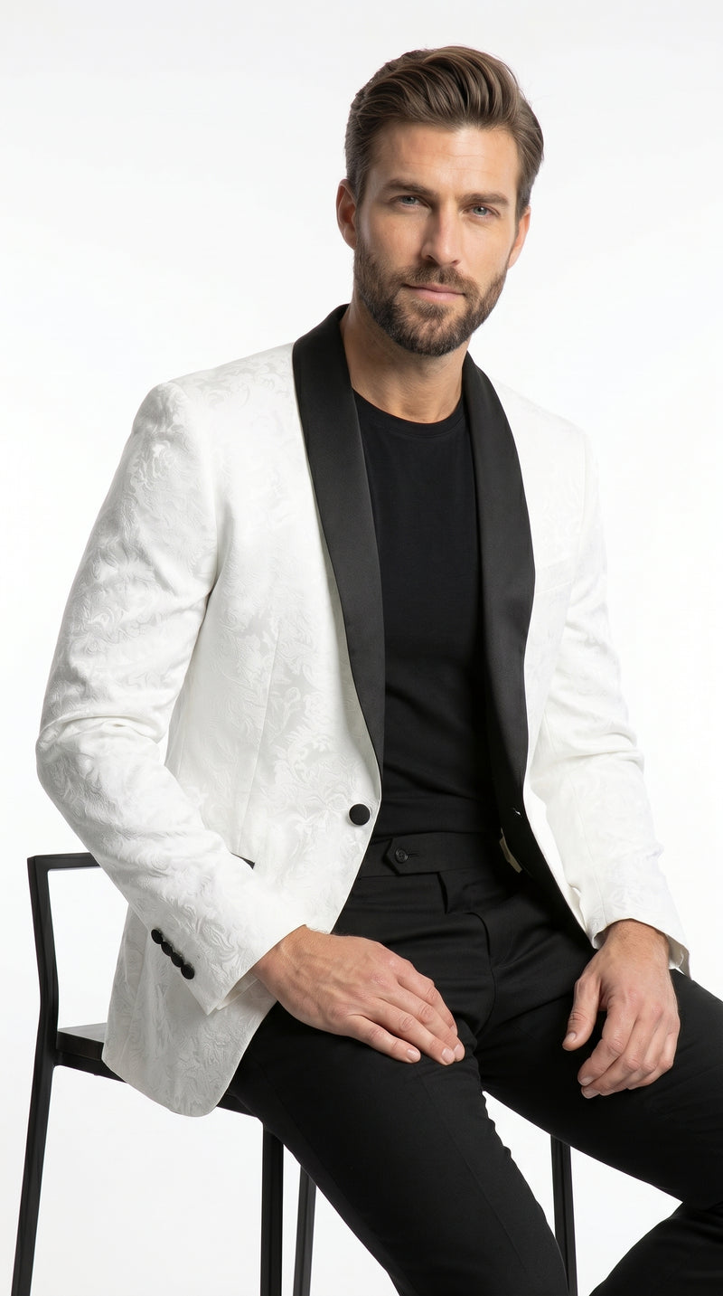 Men’s White Two Tone Paisley Blazer with Black Shawl Lapel, Formal Dinner Jacket