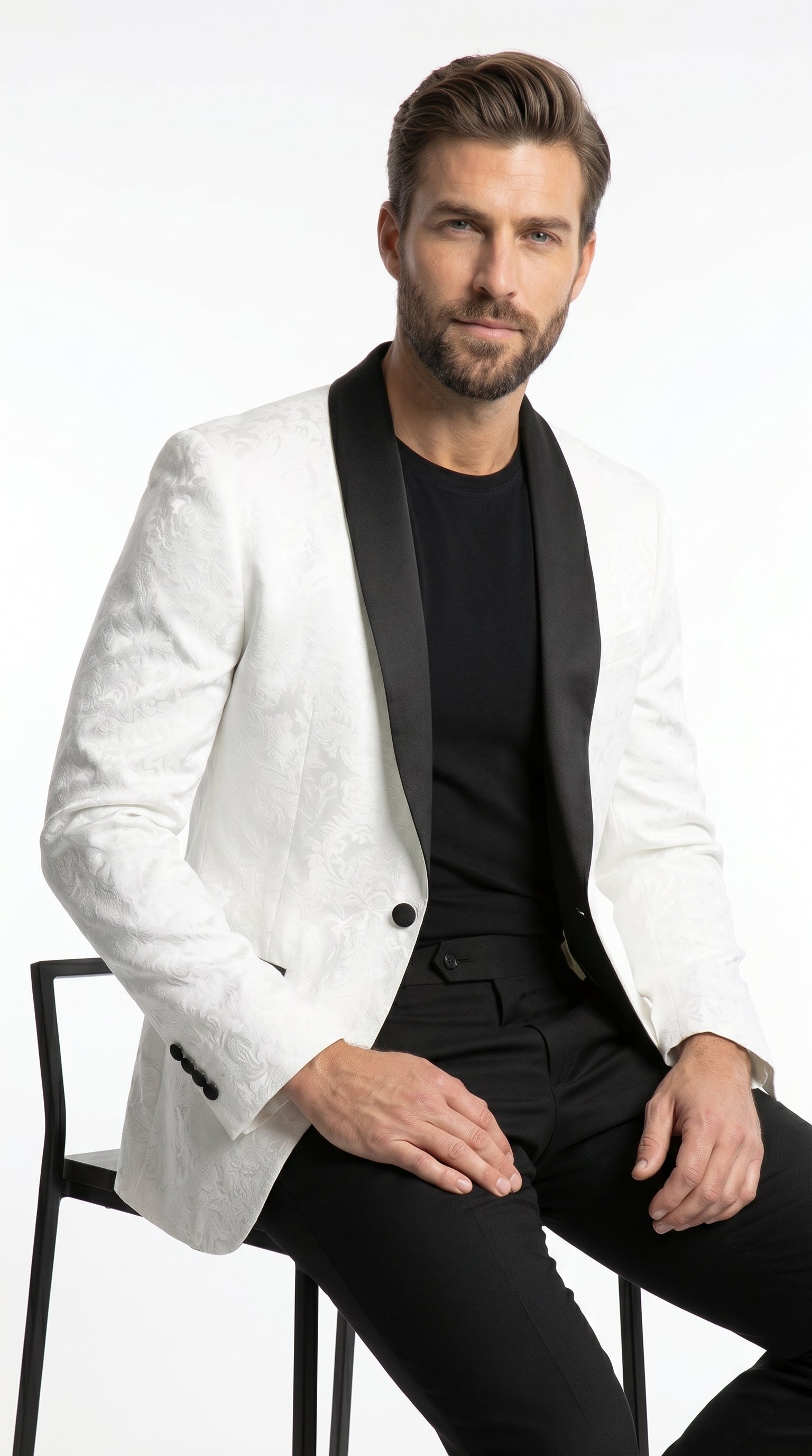 Men’s White Two Tone Paisley Blazer with Black Shawl Lapel, Formal Dinner Jacket