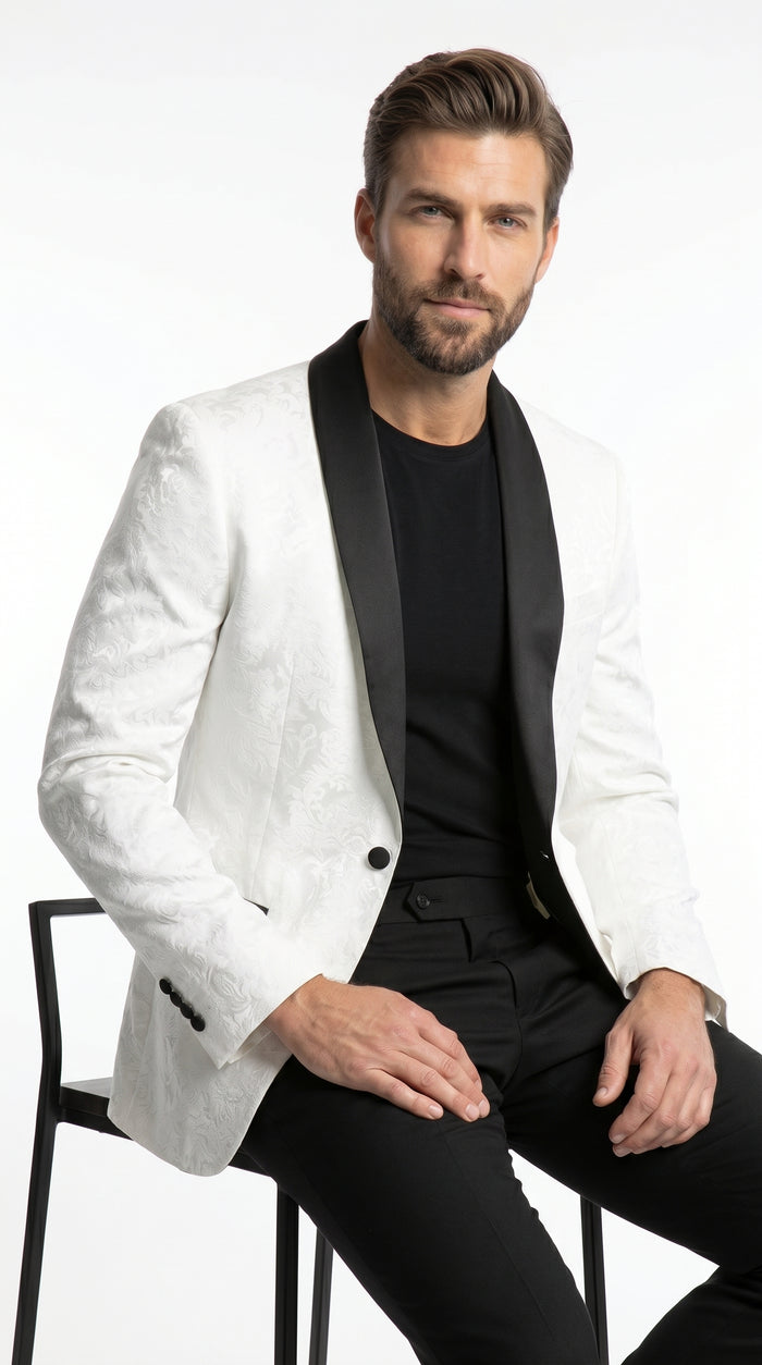 Men’s White Two Tone Paisley Blazer with Black Shawl Lapel, Formal Dinner Jacket