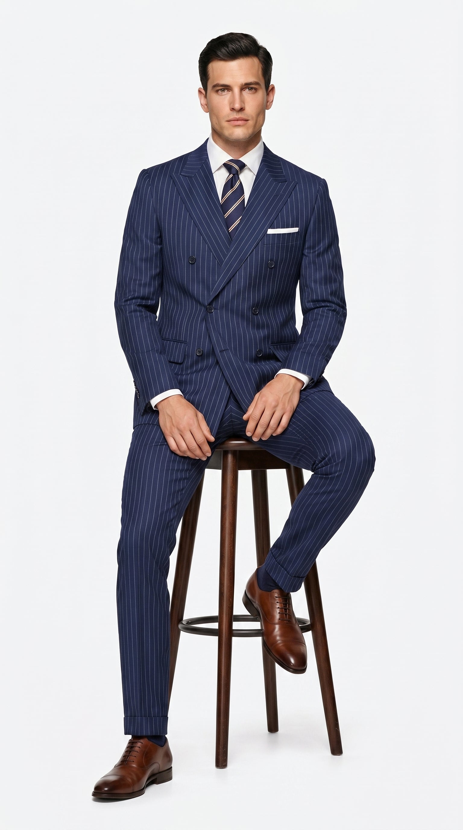 Men’s Navy Blue Double Breasted Pinstripe Suit, 100% Wool Formal Dress Suit