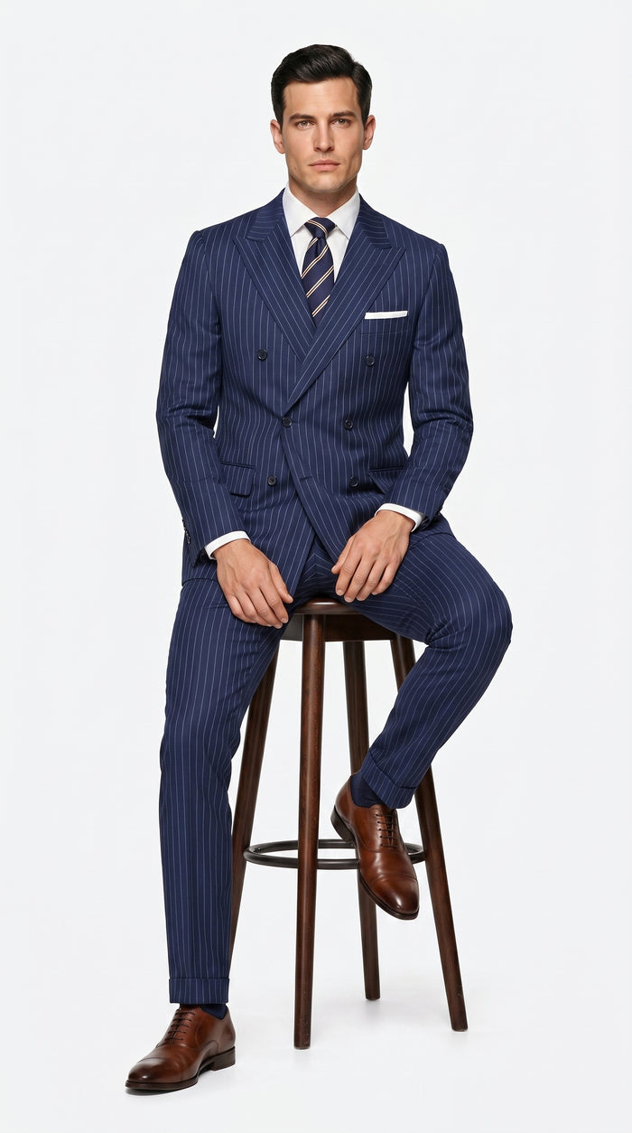 Men’s Navy Blue Double Breasted Pinstripe Suit, 100% Wool Formal Dress Suit