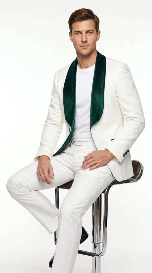 Men’s Ivory and Green Tuxedo Jacket with Velvet Shawl Lapel, Formal Wedding Dinner Blazer