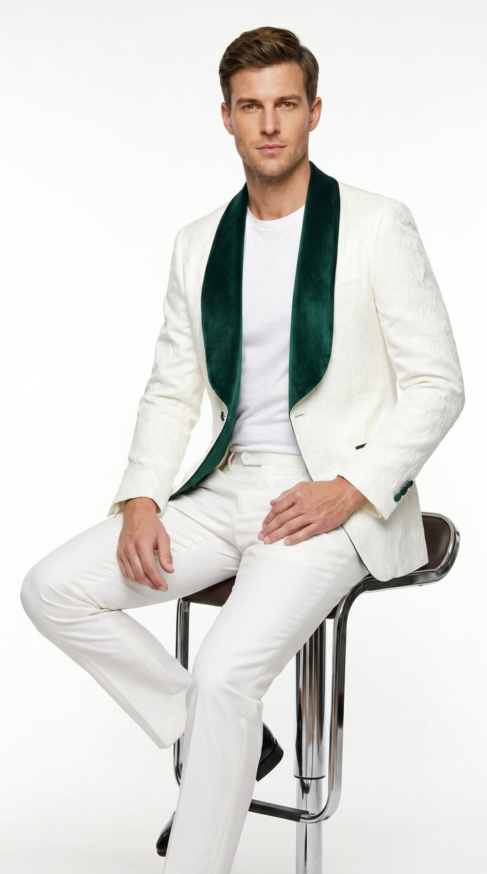 Men’s Ivory and Green Tuxedo Jacket with Velvet Shawl Lapel, Formal Wedding Dinner Blazer