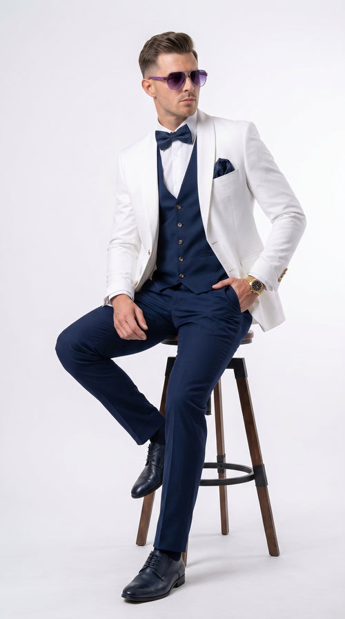 Men’s White and Navy Blue Wedding Suit, White Dinner Jacket with Navy Vest, Pants and Bow Tie