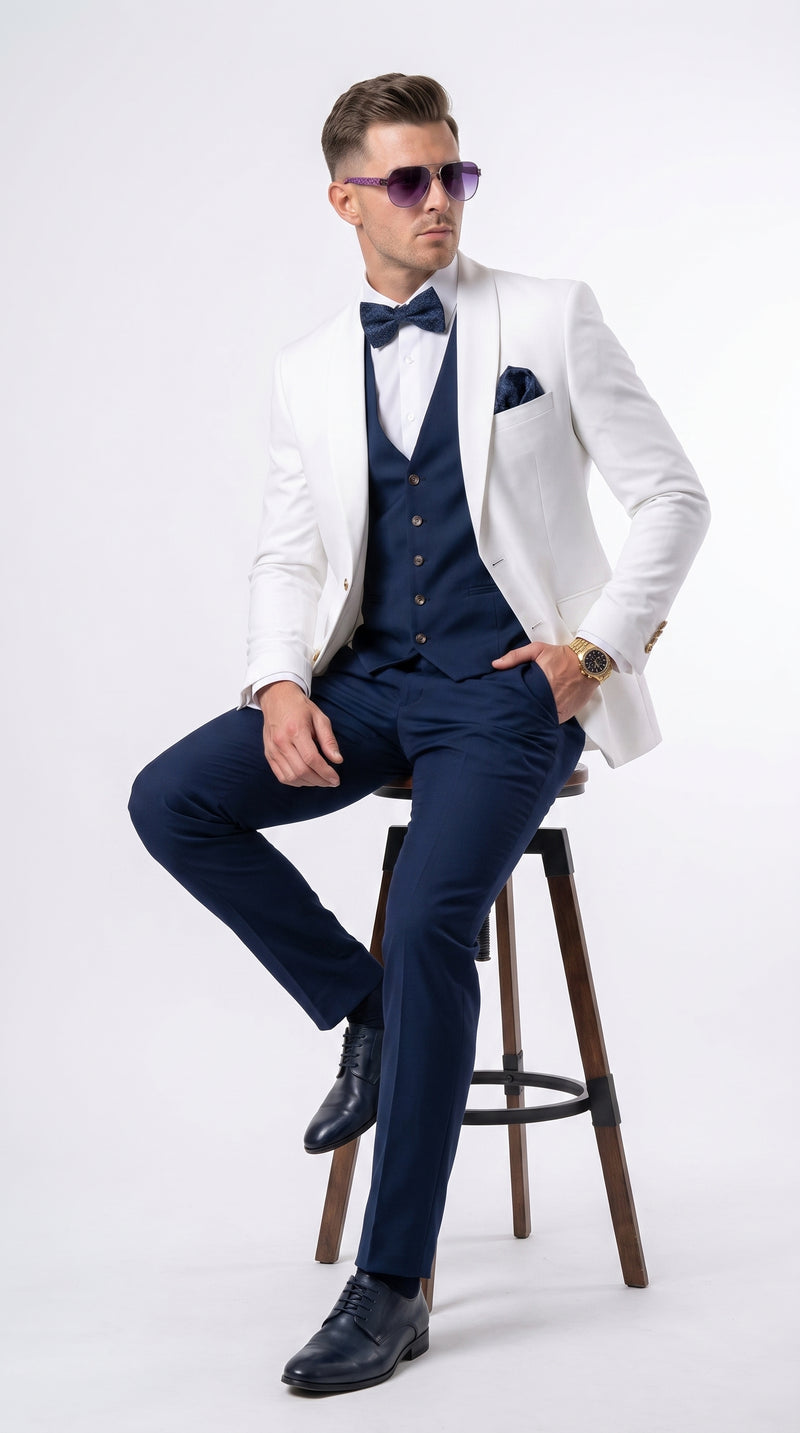 Men’s White and Navy Blue Wedding Suit, White Dinner Jacket with Navy Vest, Pants and Bow Tie