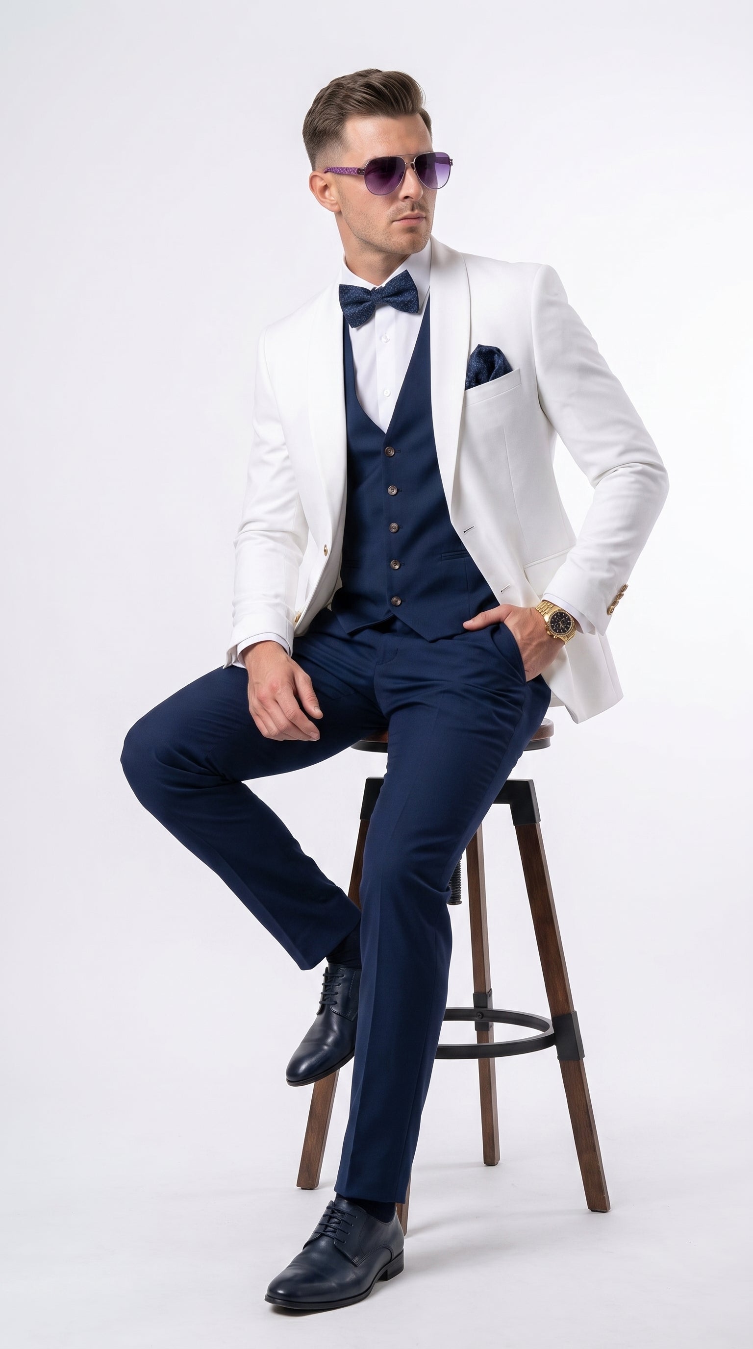 Men’s White and Navy Blue Wedding Suit, White Dinner Jacket with Navy Vest, Pants and Bow Tie