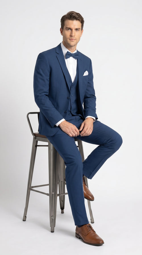 Men’s French Blue Tuxedo Suit with Matching Vest, Bow Tie and Satin Collar