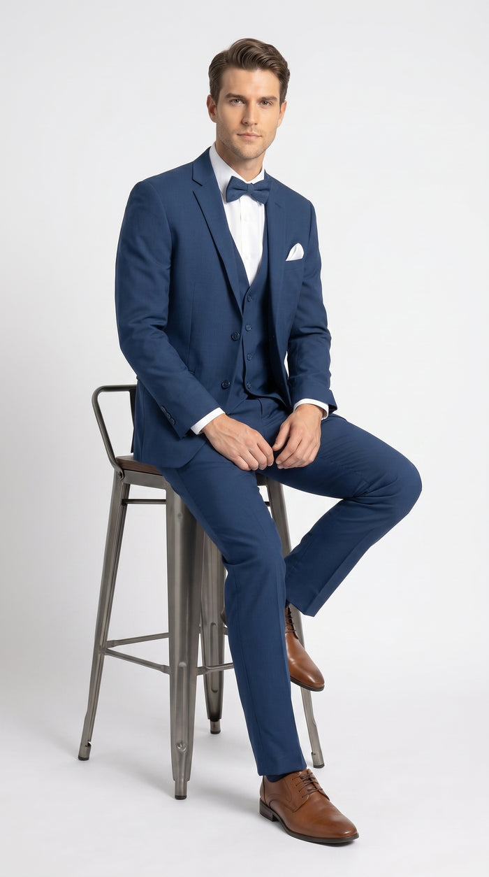Men’s French Blue Tuxedo Suit with Matching Vest, Bow Tie and Satin Collar