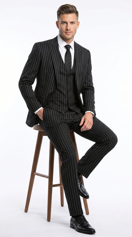 Men’s Black 2 Button Gangster Pinstripe Suit with Vest, Mobster Mafia Style Formal Suit