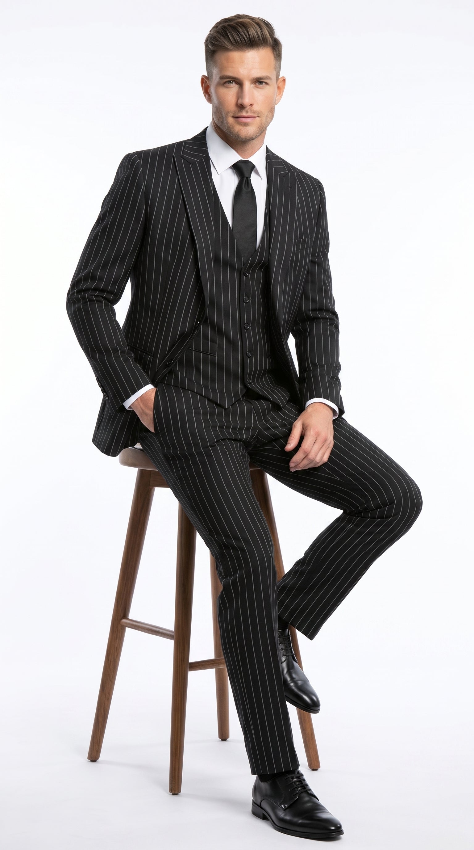Men’s Black 2 Button Gangster Pinstripe Suit with Vest, Mobster Mafia Style Formal Suit