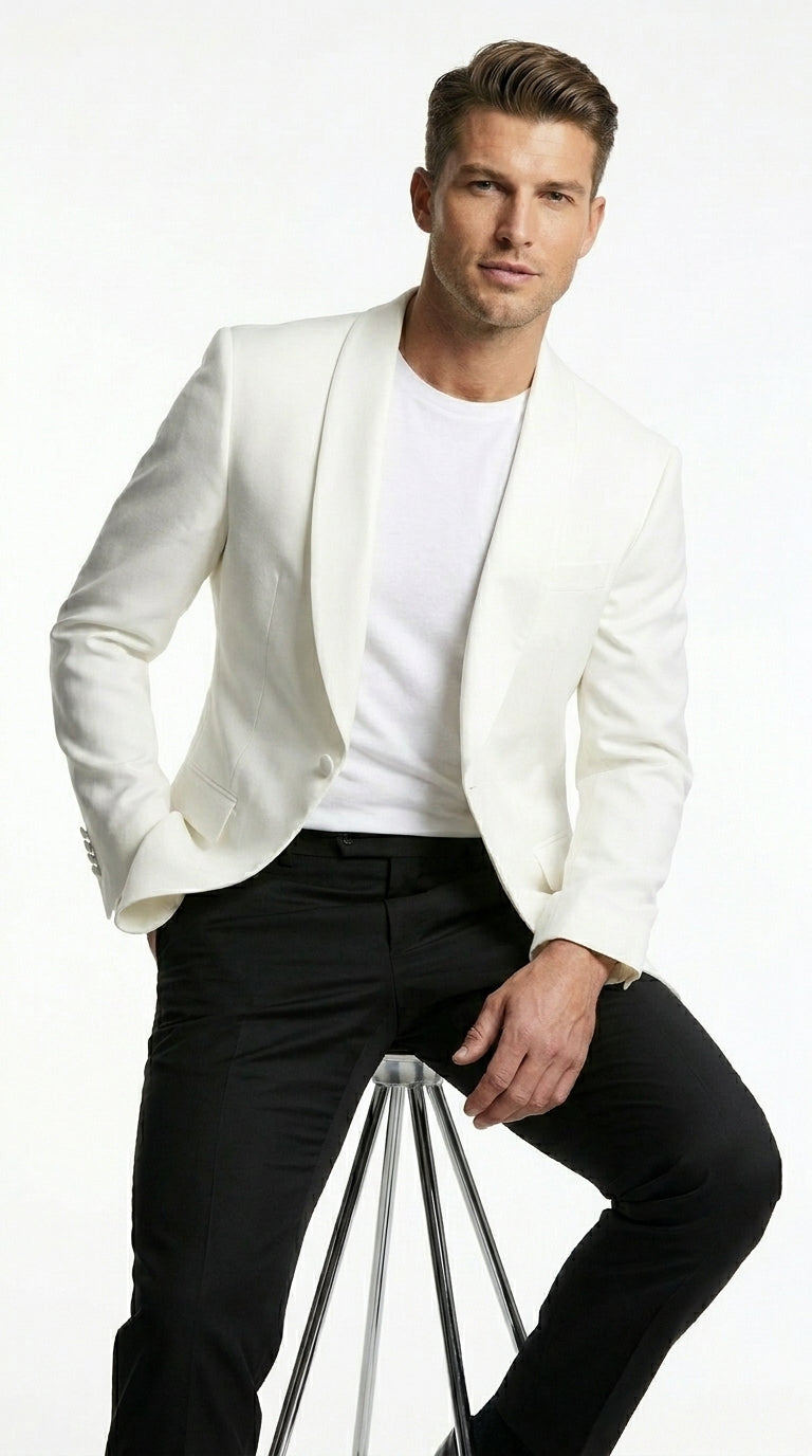 Men’s White Dinner Jacket with Shawl Lapel, Affordable Formal Tuxedo Blazer for Wedding and Prom