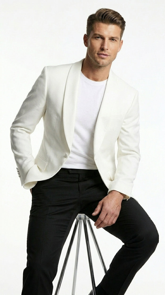Men’s White Dinner Jacket with Shawl Lapel, Affordable Formal Tuxedo Blazer for Wedding and Prom
