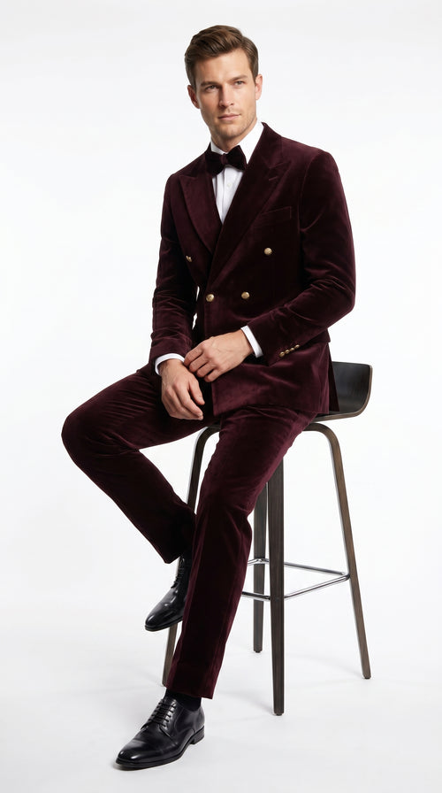Men’s Rossi Man Zeus Dark Brown Velvet Double Breasted Tuxedo Suit, Formal Wedding Prom Dinner Suit Set