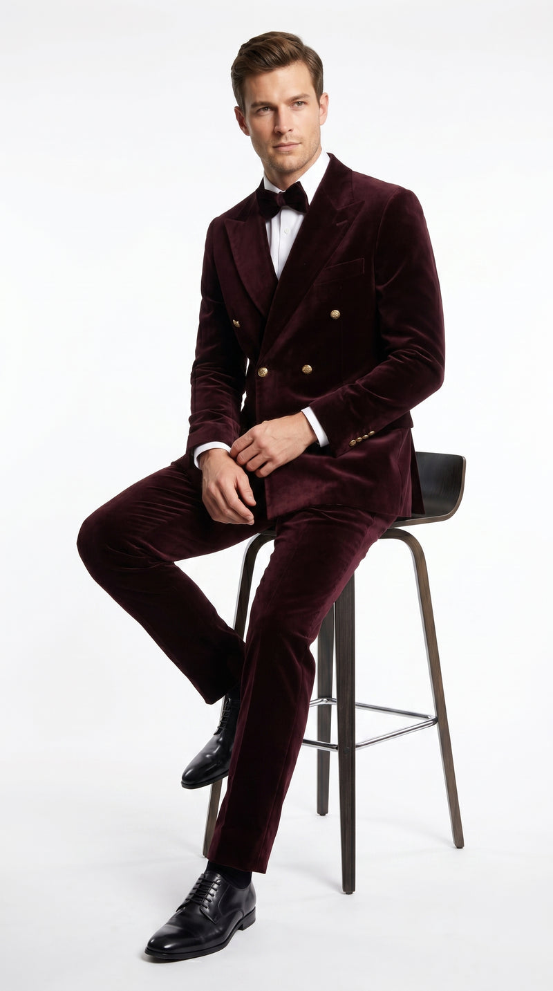 Men’s Rossi Man Zeus Dark Brown Velvet Double Breasted Tuxedo Suit, Formal Wedding Prom Dinner Suit Set