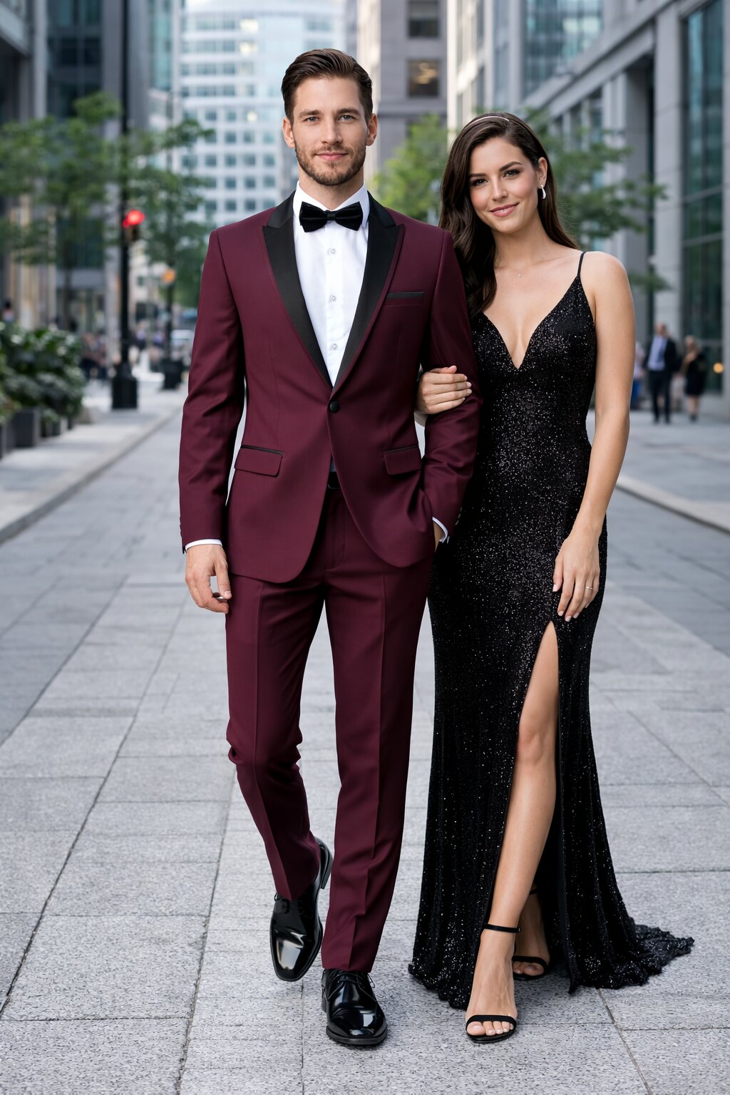 Men’s Slim Fit One Button Satin Trim Peak Lapel Tuxedo in Burgundy – Prom & Wedding Formal Suit