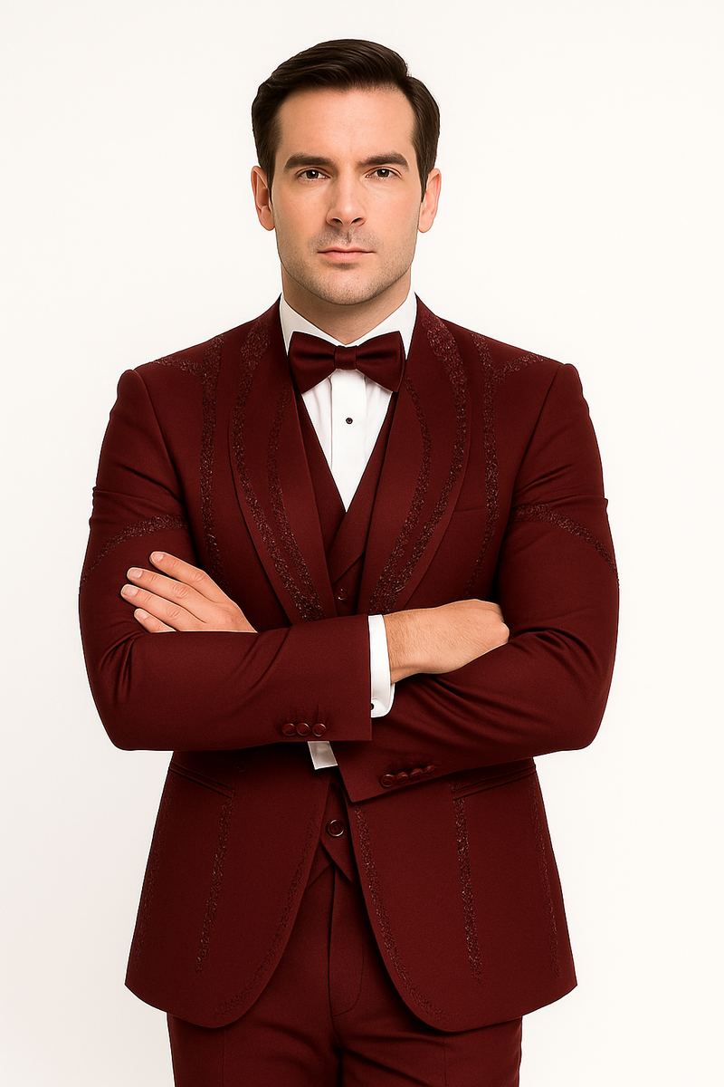 Men's burgundy Italian wool tuxedo by Alberto Nardoni. 3-piece modern formal suit with fitted jacket (notched lapels, embroidered), waistcoat, and tailored straight-cut trousers.