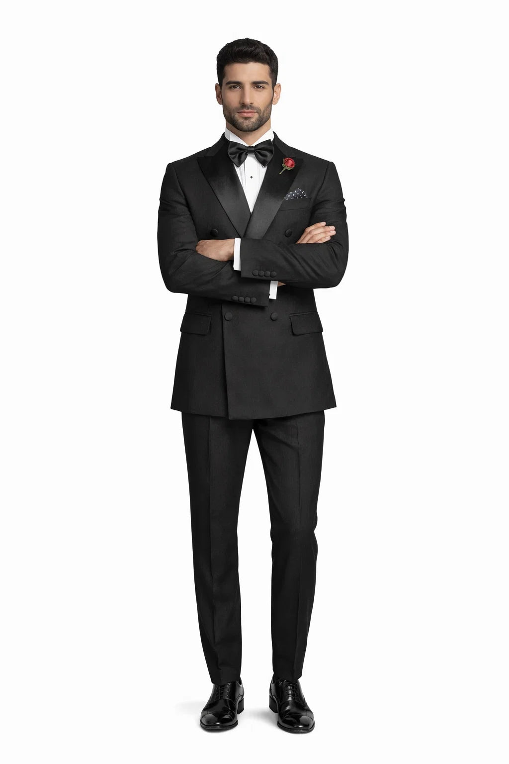 Modern Fit Black 2 Piece Double Breasted Tuxedo Adjustable Waistband with Oversized Bow Tie