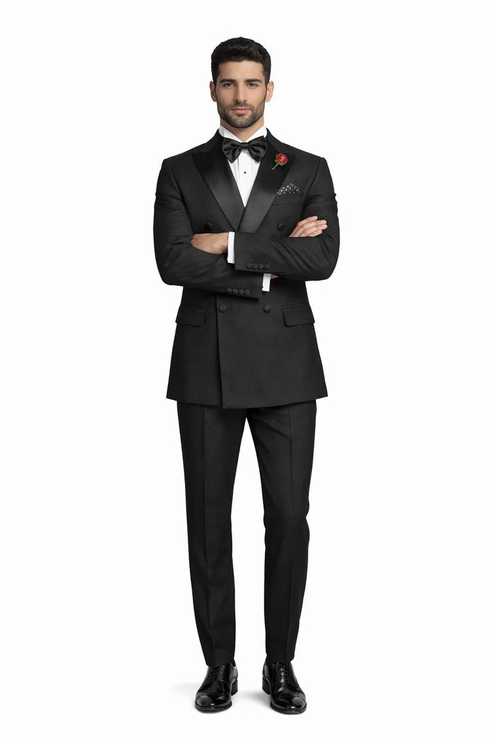 Modern Fit Black 2 Piece Double Breasted Tuxedo Adjustable Waistband with Oversized Bow Tie