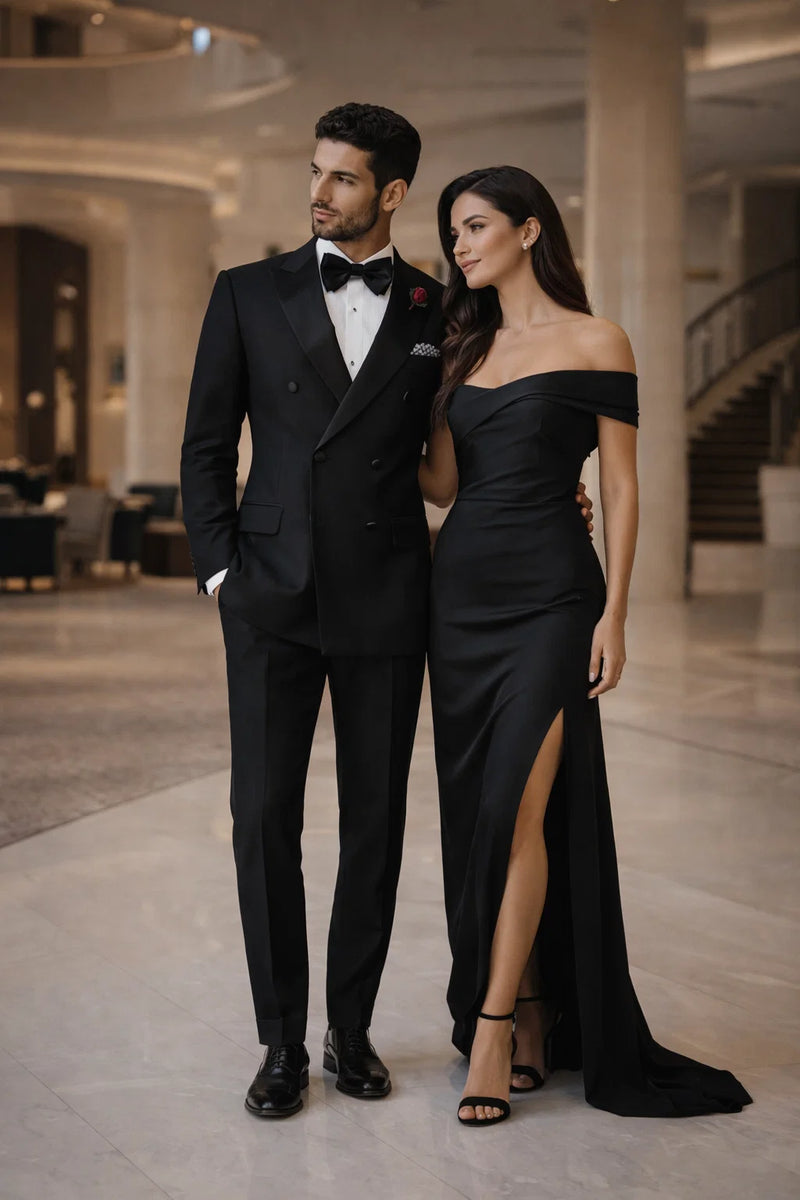 Modern Fit Black 2 Piece Double Breasted Tuxedo Adjustable Waistband with Oversized Bow Tie