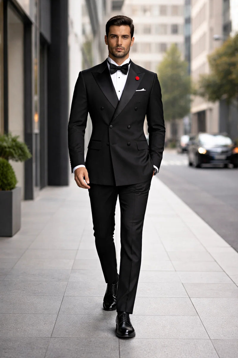 Modern Fit Black 2 Piece Double Breasted Tuxedo Adjustable Waistband with Oversized Bow Tie
