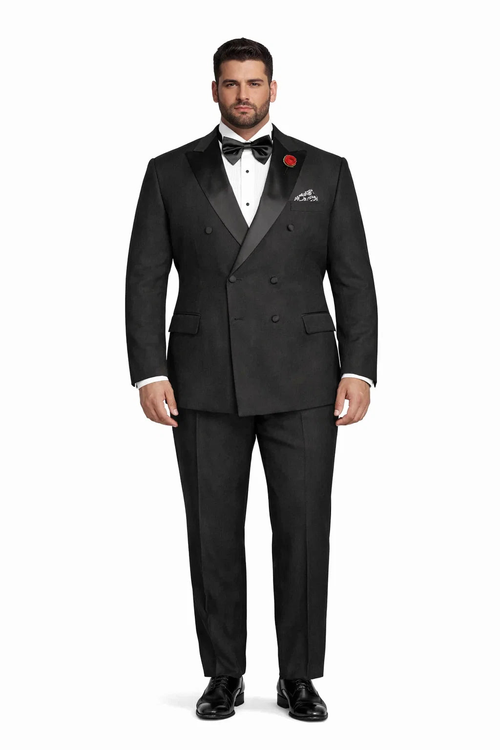 Modern Fit Black 2 Piece Double Breasted Tuxedo Adjustable Waistband with Oversized Bow Tie