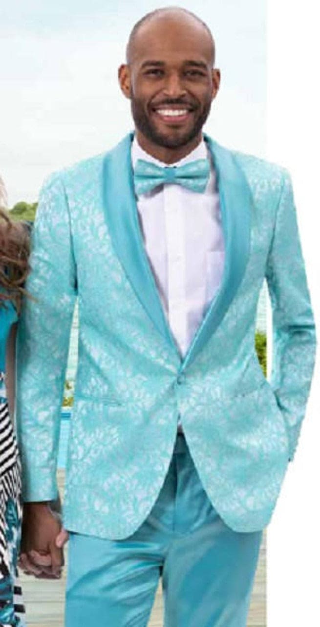 Men’s Blue Wedding Suit – Modern Fit Designer Pattern Teal Blue Jacket