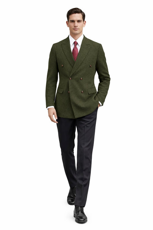 Men's dark green winter blazer. Double-breasted with brown buttons, notched lapels, and two front pockets. Textured, wool-like material.
