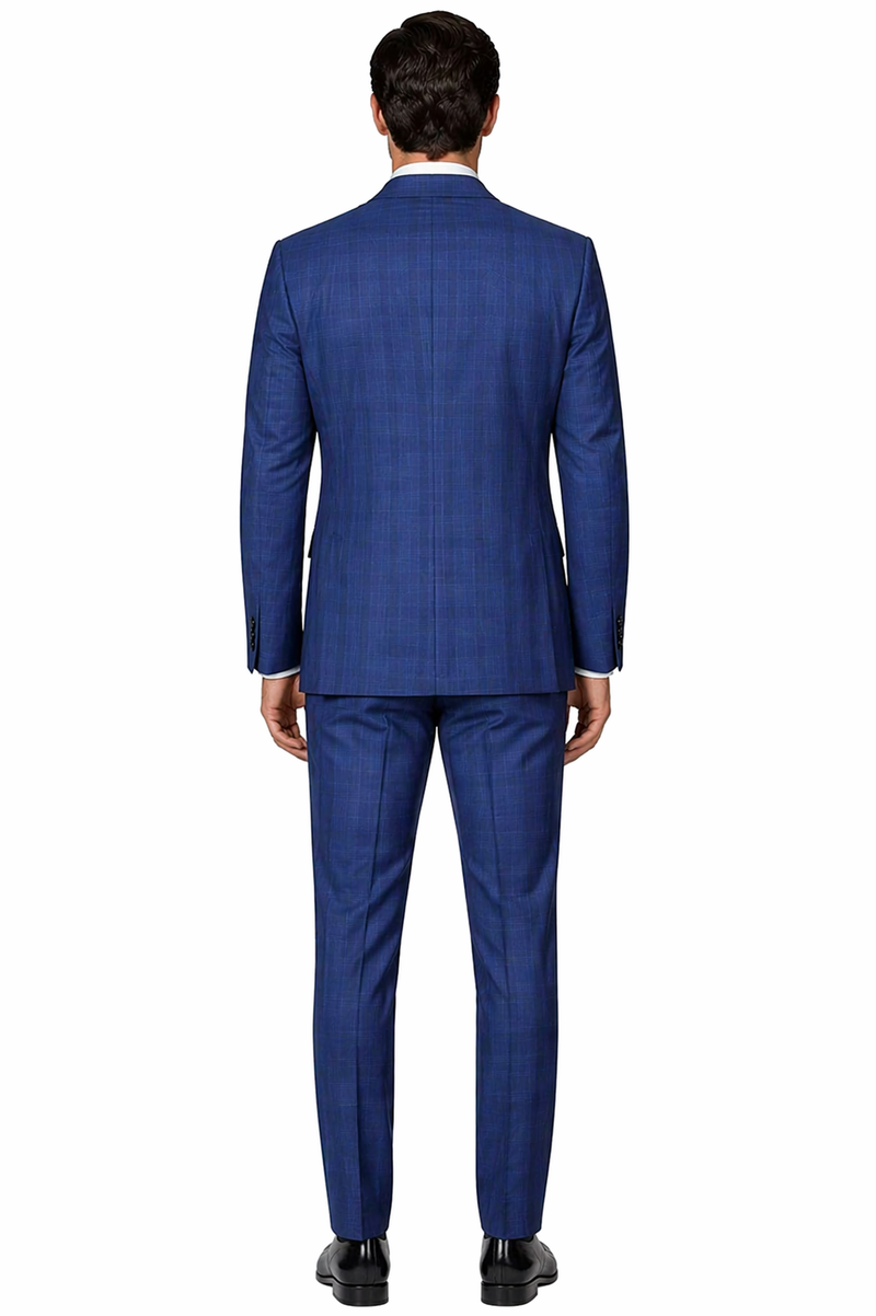 "Modern Fit Men's Plaid Windowpane Suit with Double-Breasted Vest - Navy Blue"