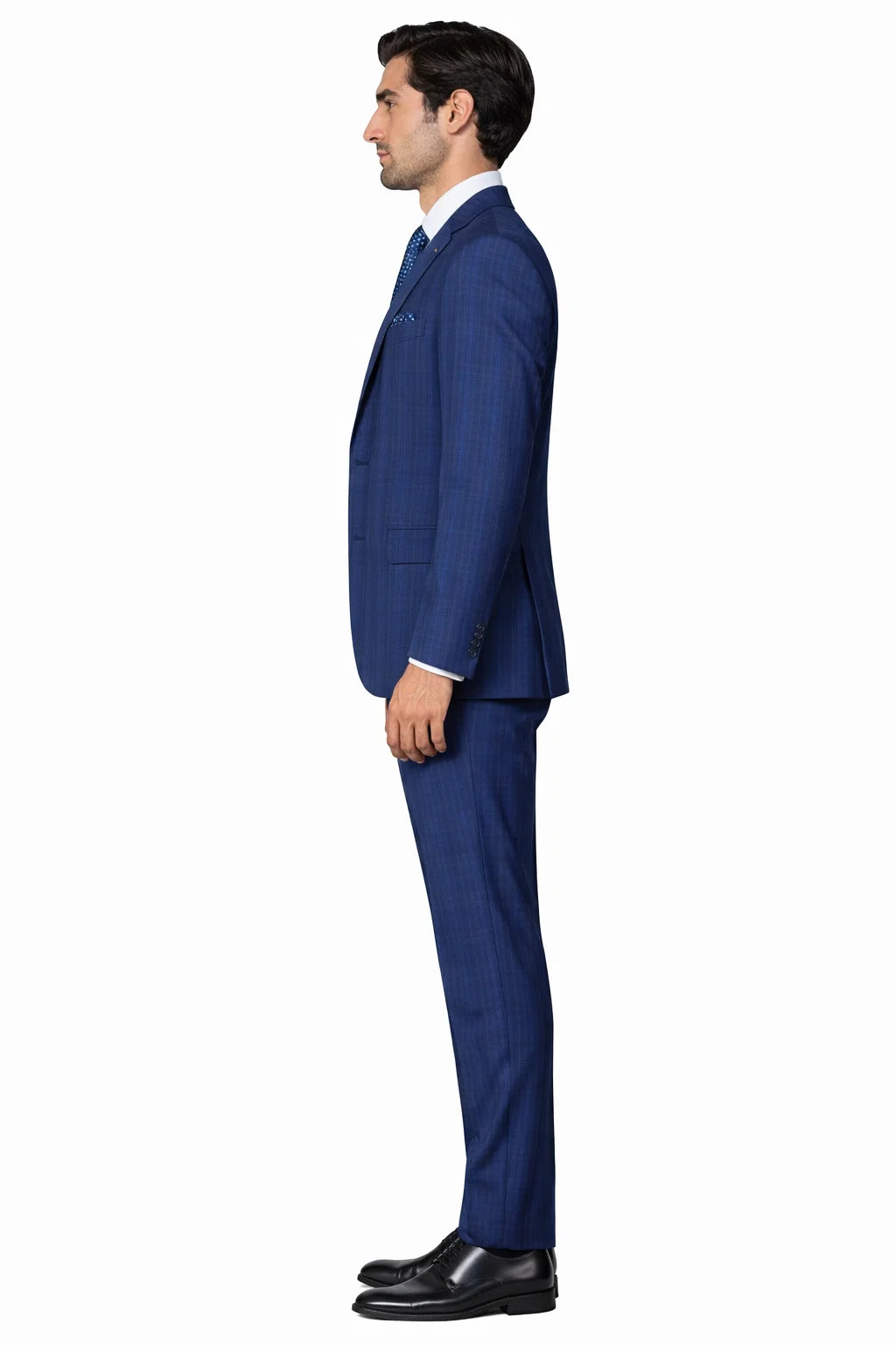 "Modern Fit Men's Plaid Windowpane Suit with Double-Breasted Vest - Navy Blue"