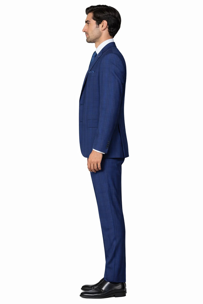 "Modern Fit Men's Plaid Windowpane Suit with Double-Breasted Vest - Navy Blue"