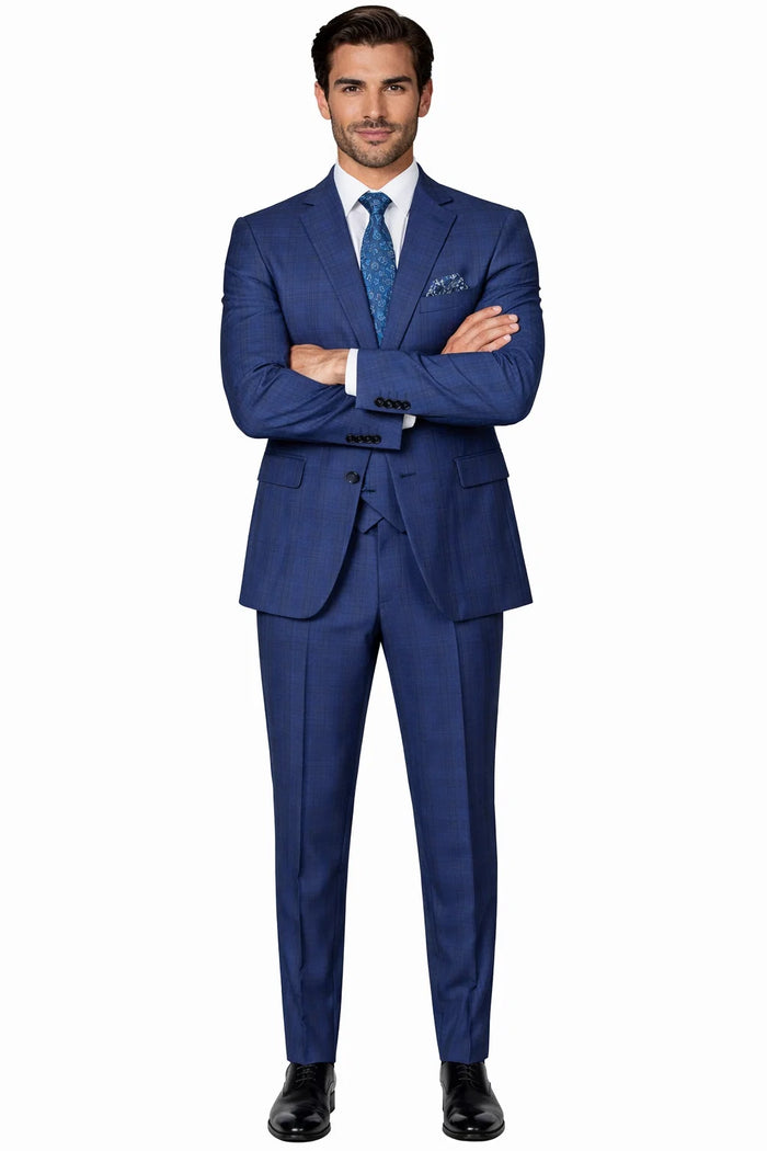 "Modern Fit Men's Plaid Windowpane Suit with Double-Breasted Vest - Navy Blue"