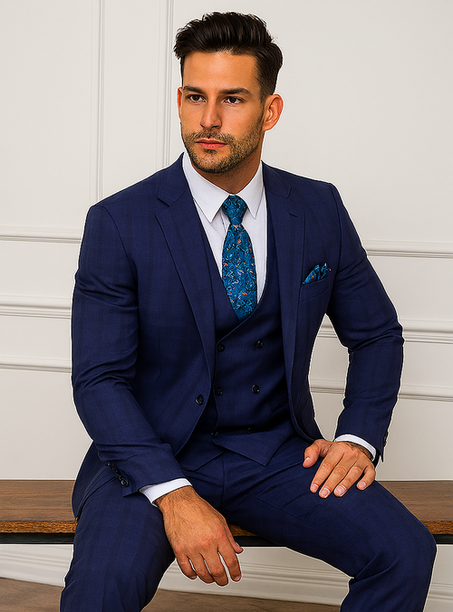 "Modern Fit Men's Plaid Windowpane Suit with Double-Breasted Vest - Navy Blue"