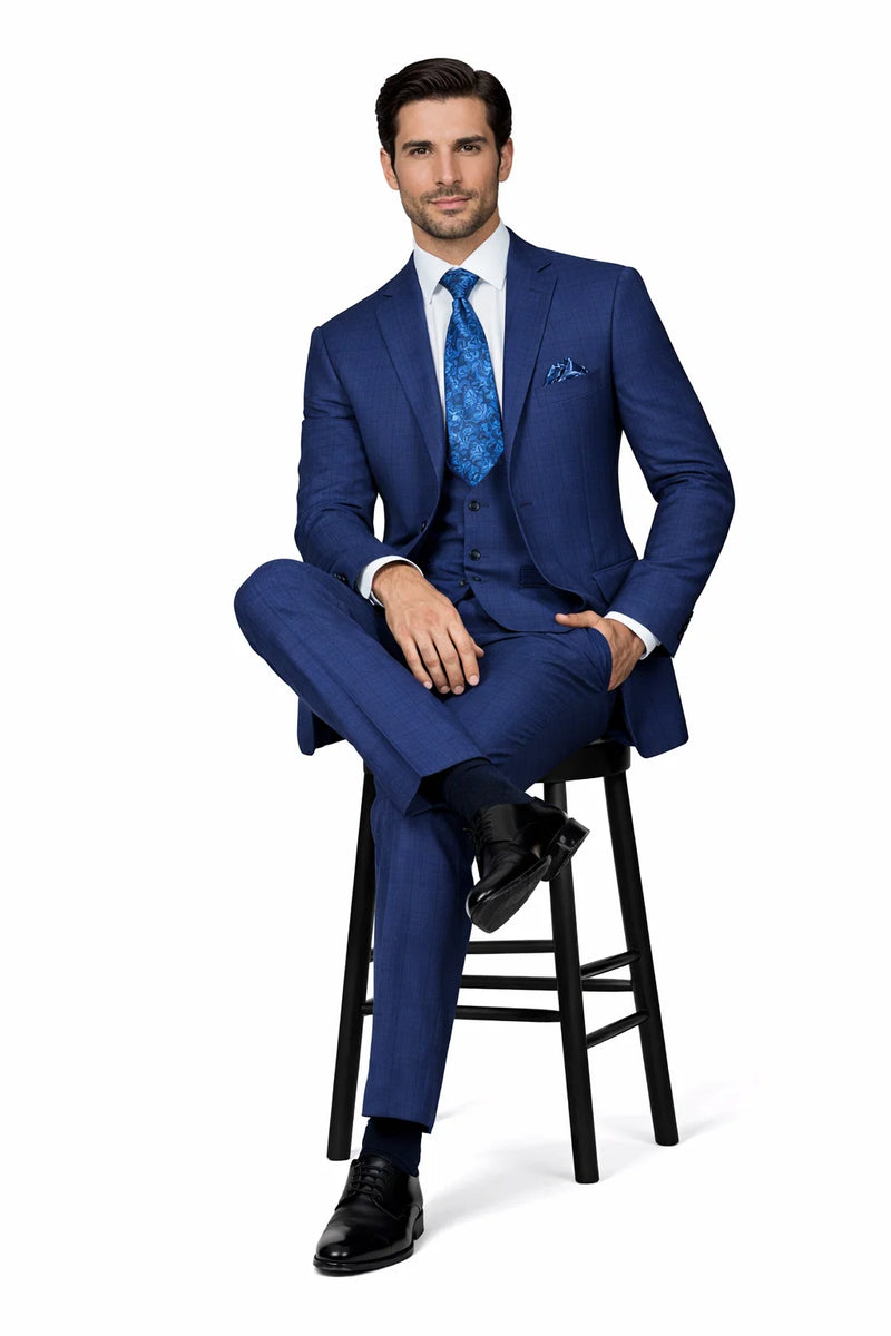 "Modern Fit Men's Plaid Windowpane Suit with Double-Breasted Vest - Navy Blue"