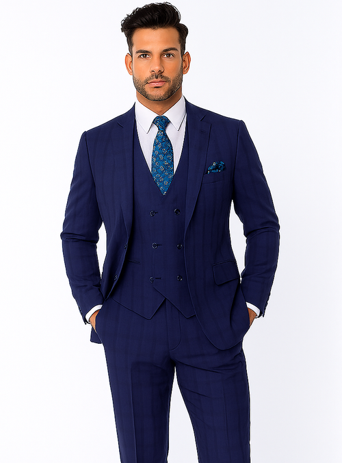 "Modern Fit Men's Plaid Windowpane Suit with Double-Breasted Vest - Navy Blue"
