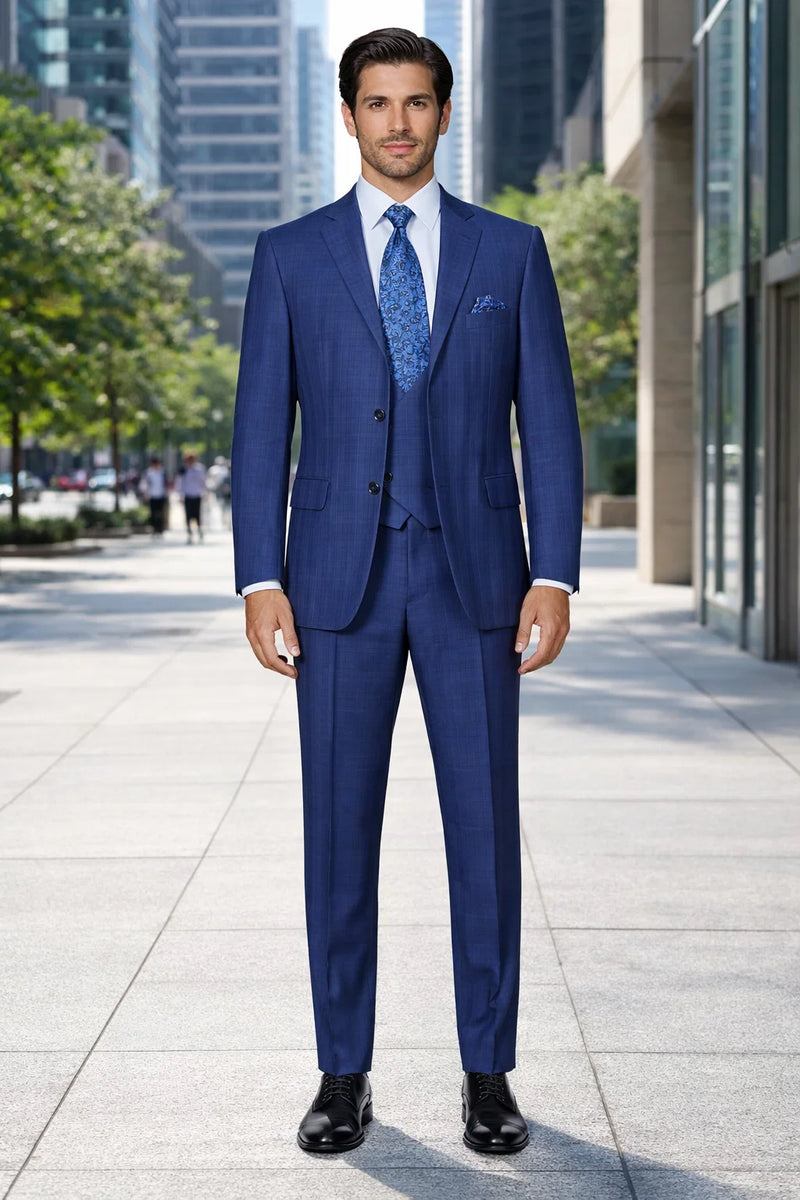 "Modern Fit Men's Plaid Windowpane Suit with Double-Breasted Vest - Navy Blue"