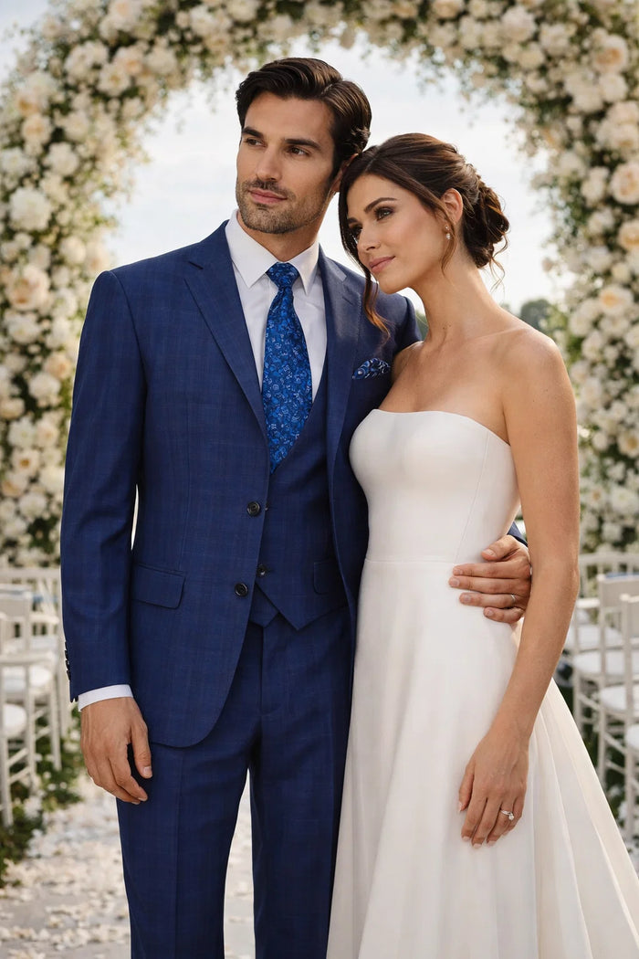 "Modern Fit Men's Plaid Windowpane Suit with Double-Breasted Vest - Navy Blue"