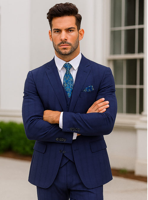 "Modern Fit Men's Plaid Windowpane Suit with Double-Breasted Vest - Navy Blue"