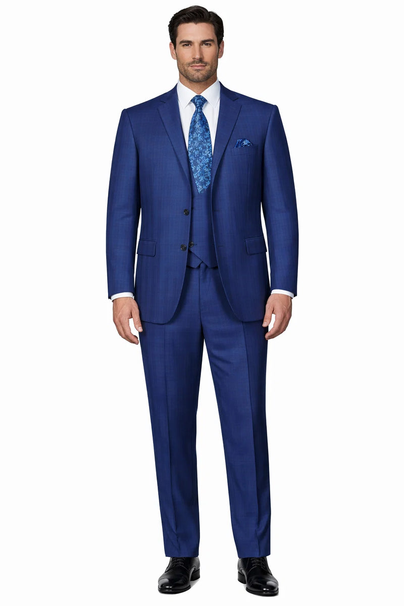 "Modern Fit Men's Plaid Windowpane Suit with Double-Breasted Vest - Navy Blue"