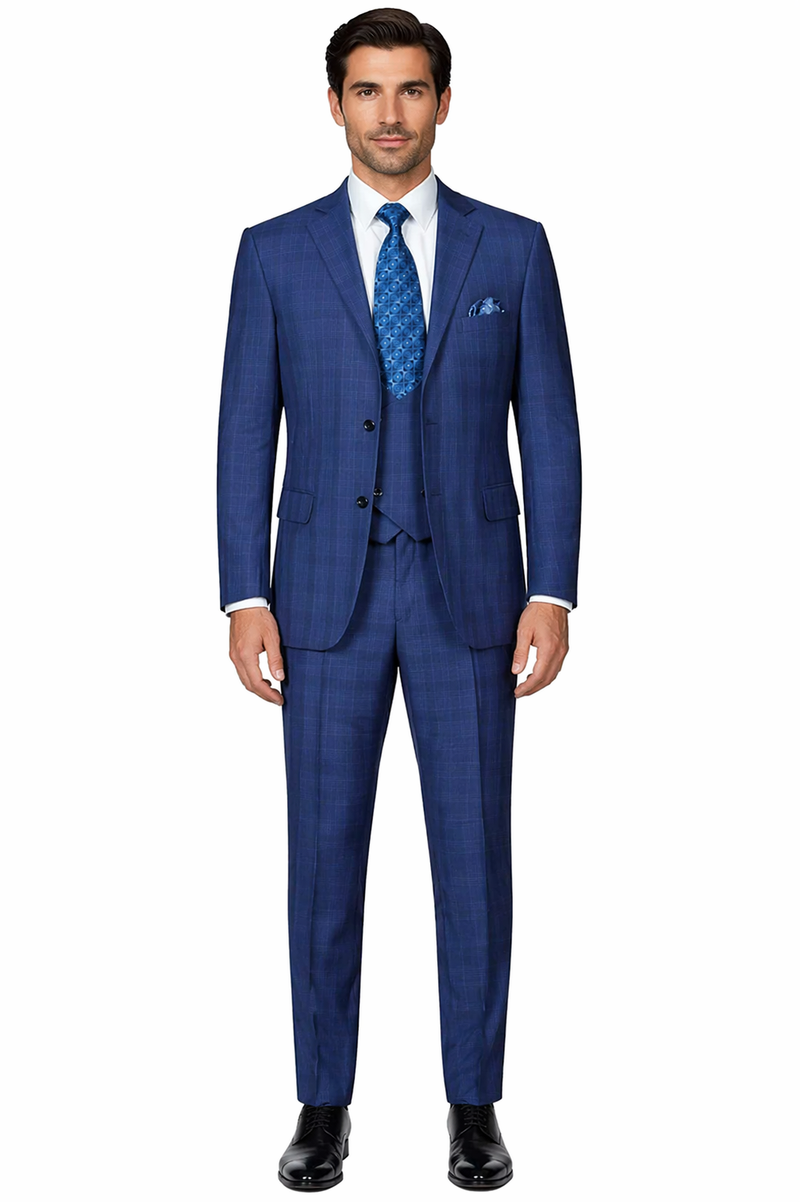 "Modern Fit Men's Plaid Windowpane Suit with Double-Breasted Vest - Navy Blue"