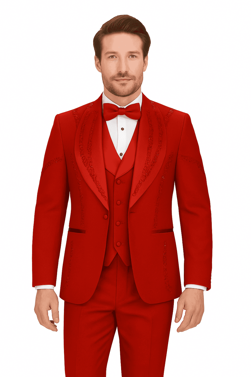 Italian red wool 3-piece tuxedo. Modern fit, fitted jacket with detailed lapels and pockets. Includes matching waistcoat and tailored trousers.