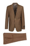 Brown Tiglio Italian suit. Two-piece set: blazer & trousers. Blazer: notch lapel, 2 buttons, 2 pockets. Trousers: flat front, single button closure. Smooth, subtly shiny fabric.