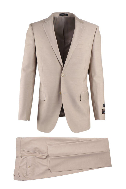 Tiglio Italian suit: light beige blazer & trousers. Smooth, woven fabric. Blazer: 2-button front, notched lapels, side pockets. Trousers: flat front, zip fly, back pocket. Darker lined interior.