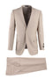 Tiglio Italian suit: light beige blazer & trousers. Smooth, woven fabric. Blazer: 2-button front, notched lapels, side pockets. Trousers: flat front, zip fly, back pocket. Darker lined interior.
