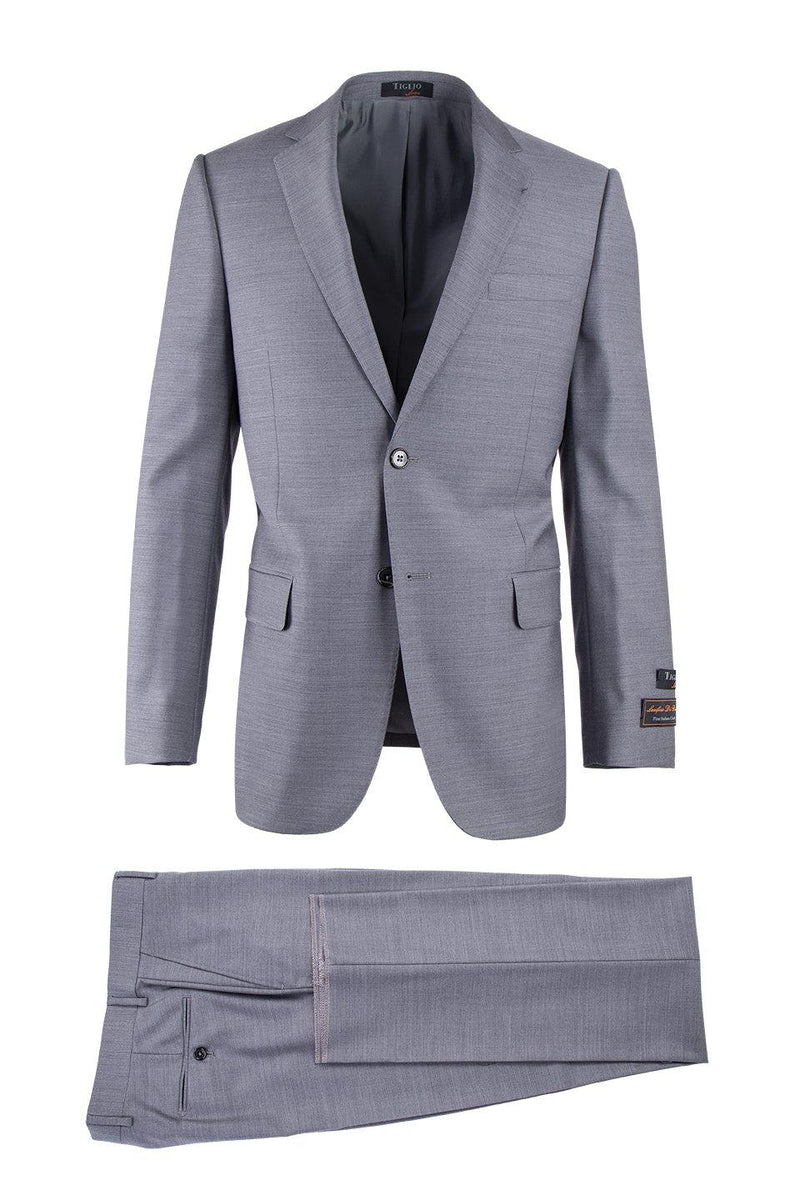 Gray textured Italian suit by Tiglio. Blazer: notched lapel, single button, two pockets. Trousers: straight-cut, flat front. Both feature a subtle pattern.
