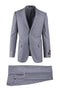 Gray textured Italian suit by Tiglio. Blazer: notched lapel, single button, two pockets. Trousers: straight-cut, flat front. Both feature a subtle pattern.
