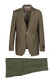 Tiglio Italian suit in muted olive green. Single-breasted jacket with notched lapel, two front pockets, and chest pocket. Two-button closure & smooth lining. Flat-front trousers with belt loops and one back pocket.
