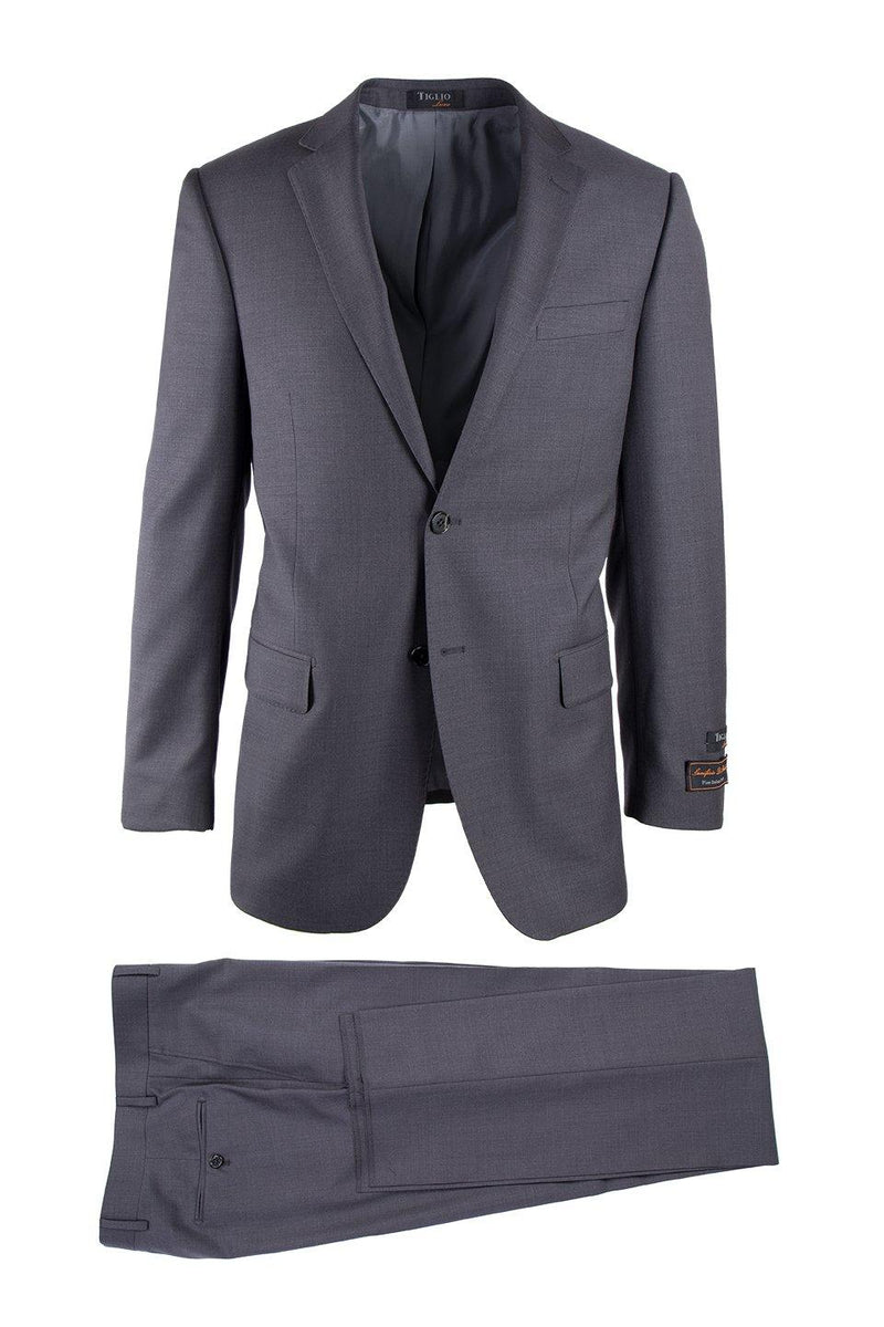 Italian Tiglio suit: tailored gray blazer (notched lapel, single button) and straight-leg trousers. Features two front and one rear pocket. Smooth, textured fabric.
