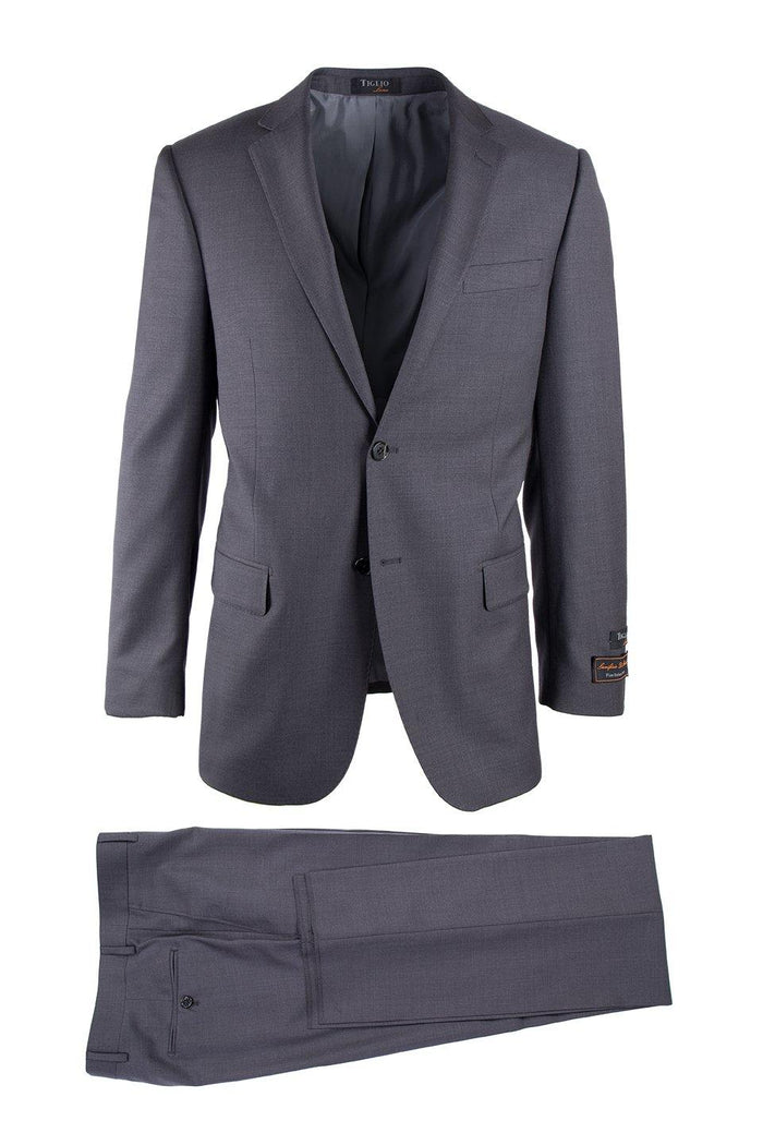 Italian Tiglio suit: tailored gray blazer (notched lapel, single button) and straight-leg trousers. Features two front and one rear pocket. Smooth, textured fabric.
