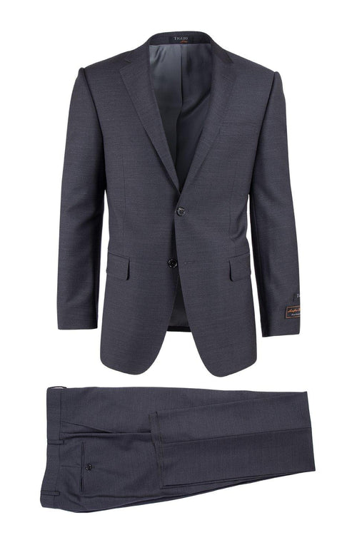 Dark gray Tiglio Italian suit. Smooth, textured fabric. Single-breasted jacket with notch lapel, two buttons. Straight-leg trousers, flat front. Shiny, durable materials.
